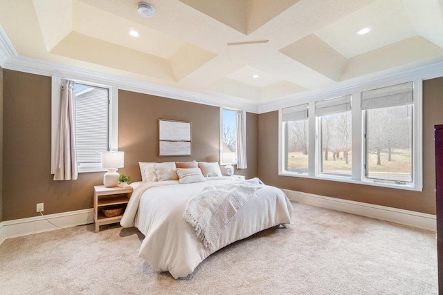 carpeted bedroom featuring ornamental molding, recessed lighting, coffered ceiling, and baseboards