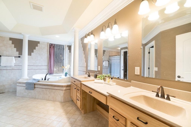 full bath featuring visible vents, decorative columns, crown molding, and a sink