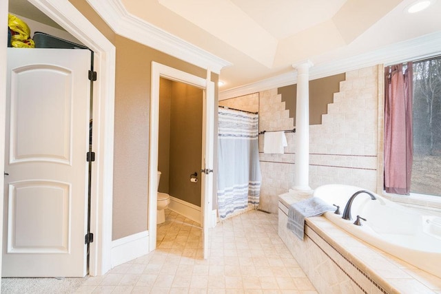 full bath with tile walls, crown molding, toilet, a garden tub, and tile patterned flooring