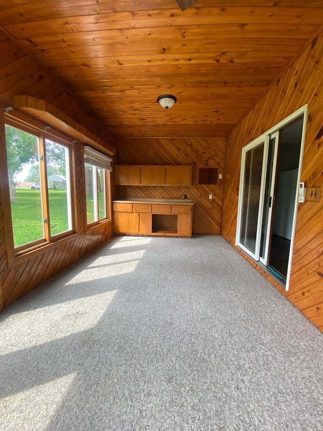 104 3rd St, Buffalo Lake, MN 55314 - unfurnished living room featuring carpet flooring, wooden walls, lofted ceiling, and wooden ceiling