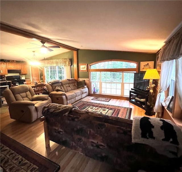 living area featuring a ceiling fan and wood finished floors