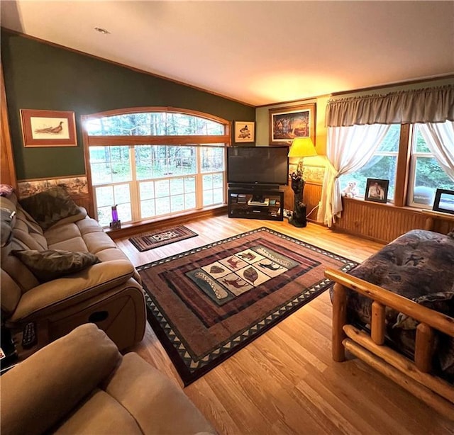 living room with lofted ceiling, a wainscoted wall, and wood finished floors