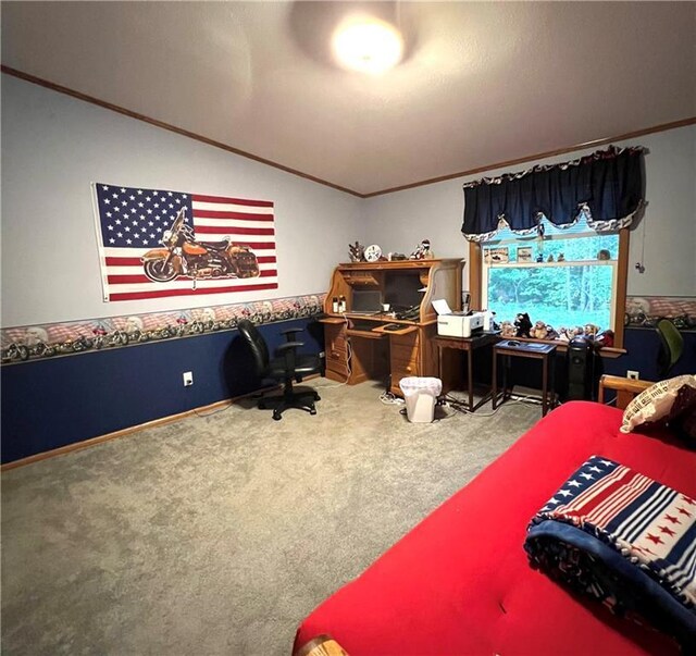 bedroom featuring lofted ceiling, carpet floors, and crown molding