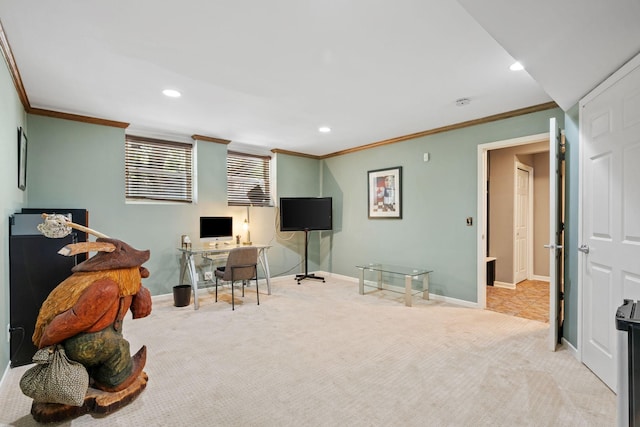 222 Ridgewood Ave, Minneapolis, MN 55403 - game room featuring crown molding, a desk, carpet, recessed lighting, and baseboards