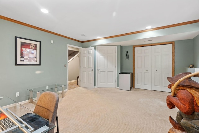 222 Ridgewood Ave, Minneapolis, MN 55403 - home office featuring crown molding, recessed lighting, baseboards, and light carpet