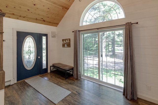 foyer featuring vaulted ceiling, baseboard heating, wood ceiling, dark wood-type flooring, and wooden walls