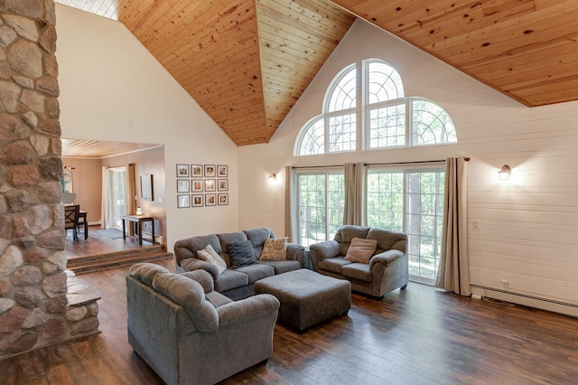 living room featuring high vaulted ceiling, hardwood / wood-style flooring, wood ceiling, and a baseboard heating unit