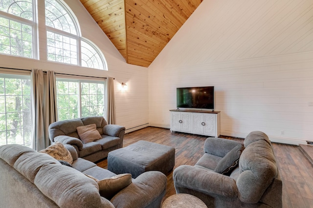 living area featuring a baseboard heating unit, high vaulted ceiling, wood ceiling, and dark wood-style flooring