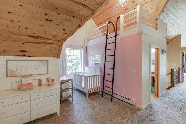 bedroom with wood ceiling, lofted ceiling, carpet floors, a baseboard heating unit, and a nursery area