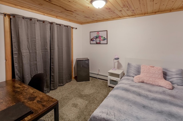 carpeted bedroom featuring baseboard heating and wood ceiling