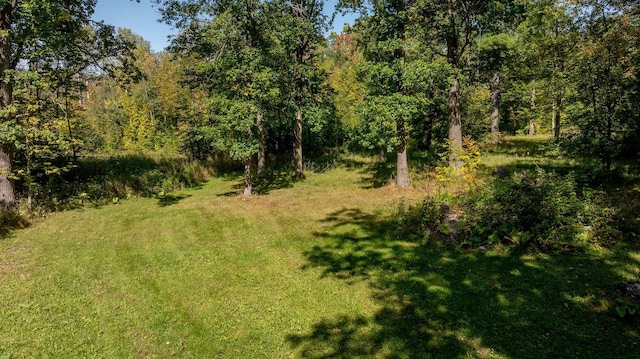 view of green lawn featuring a forest view