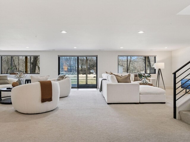 251 Glenbrook Rd N, Wayzata, MN 55391 - living area with carpet, stairway, healthy amount of natural light, and recessed lighting