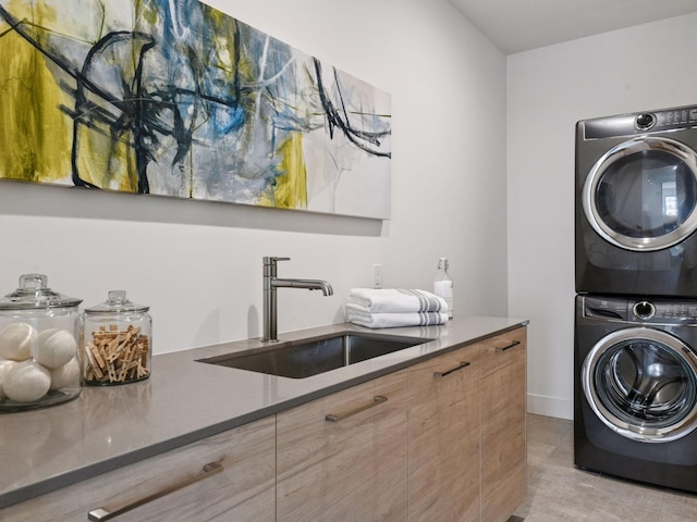 251 Glenbrook Rd N, Wayzata, MN 55391 - washroom with stacked washer and clothes dryer and light tile patterned flooring