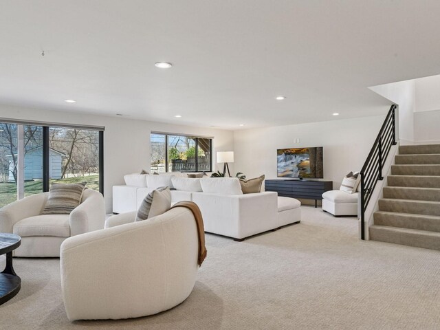 251 Glenbrook Rd N, Wayzata, MN 55391 - living area featuring recessed lighting, stairway, and carpet floors