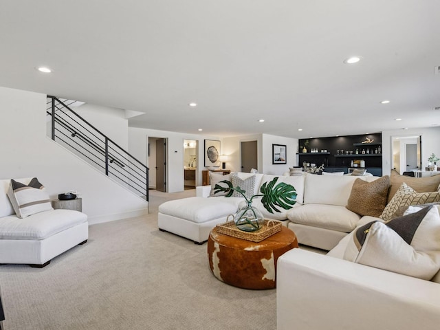 251 Glenbrook Rd N, Wayzata, MN 55391 - living room with stairway, recessed lighting, light colored carpet, and baseboards