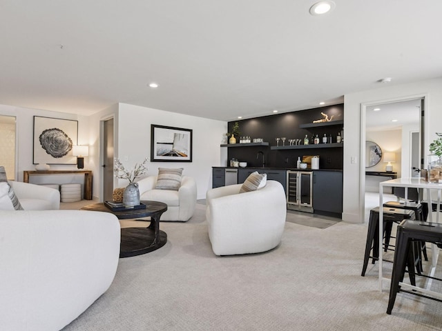 251 Glenbrook Rd N, Wayzata, MN 55391 - living room featuring a bar, beverage cooler, light carpet, and recessed lighting