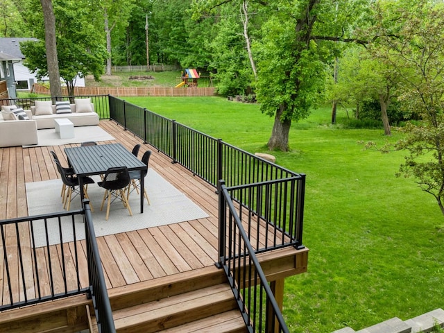 251 Glenbrook Rd N, Wayzata, MN 55391 - wooden deck featuring outdoor lounge area, a playground, and outdoor dining space