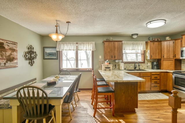kitchen featuring a peninsula, light countertops, tasteful backsplash, a sink, and stainless steel appliances