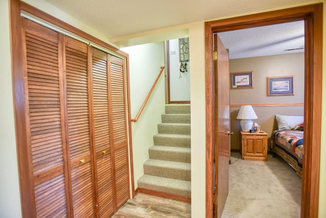 staircase featuring carpet flooring and a textured ceiling