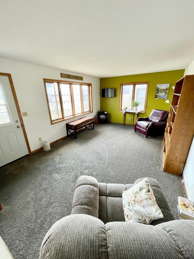 living area featuring baseboards and carpet