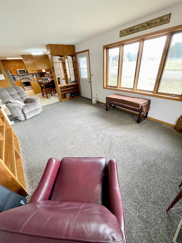 living area with baseboards and carpet