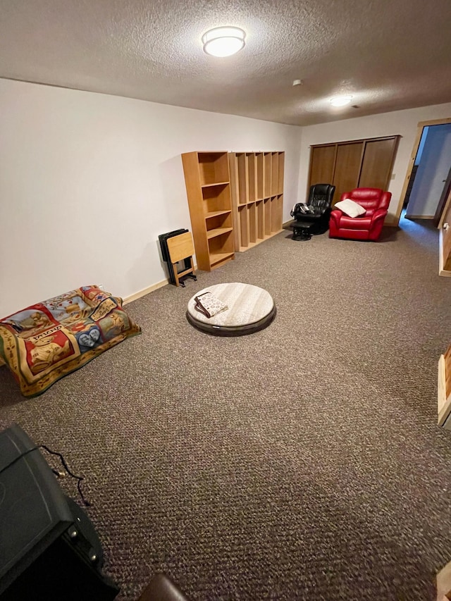 interior space with carpet, a textured ceiling, and baseboards