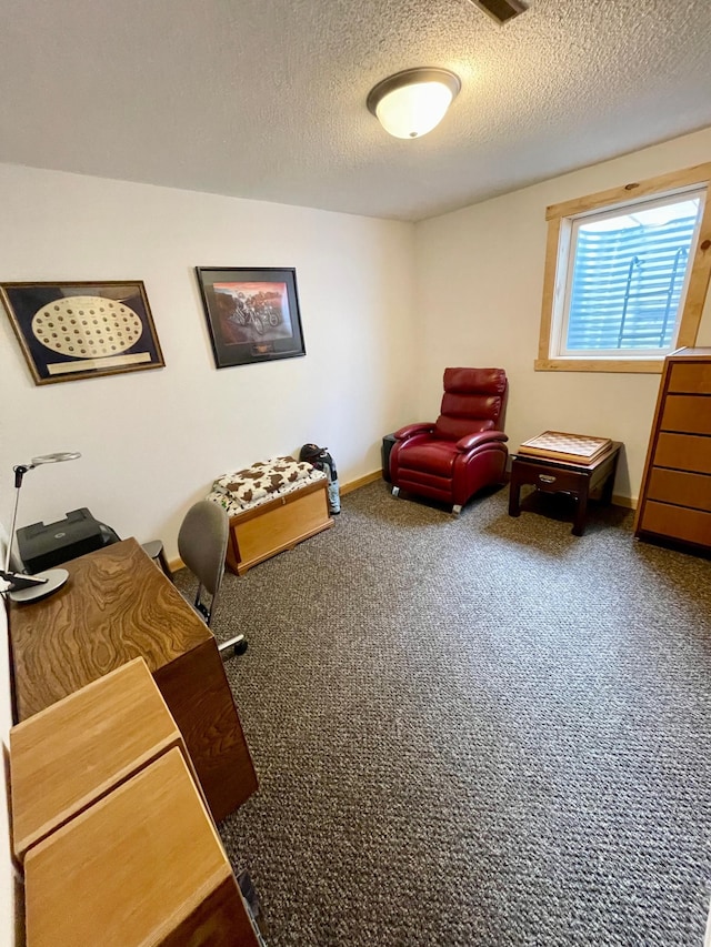 office space with a textured ceiling, baseboards, and carpet