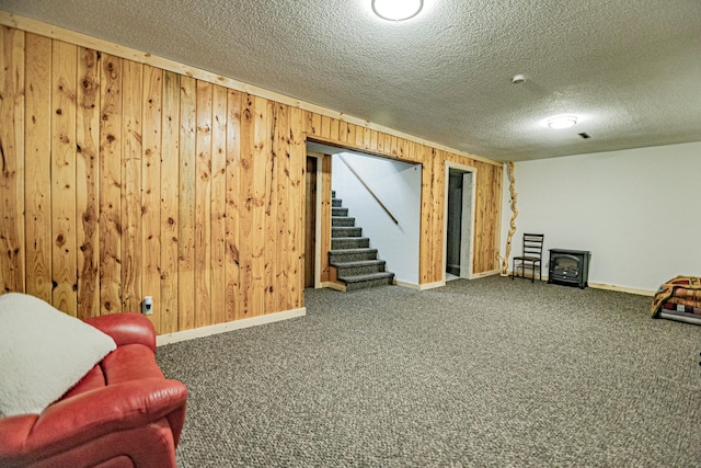 123 3rd St, Bluffton, MN 56518 - finished basement featuring wood walls, stairs, carpet, a wood stove, and a textured ceiling