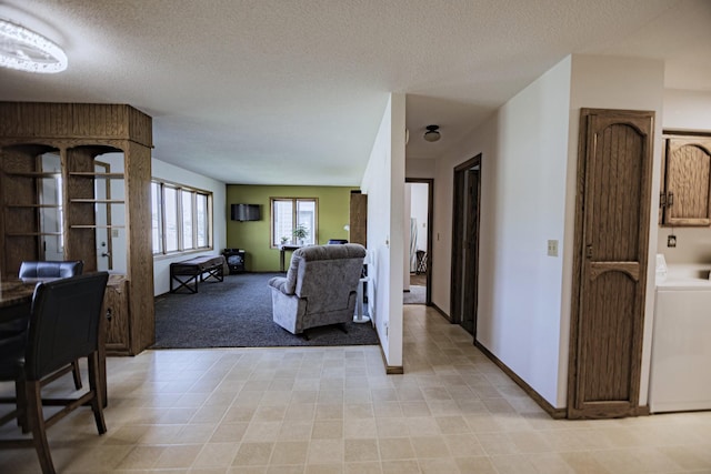 123 3rd St, Bluffton, MN 56518 - living room with washer / clothes dryer, light carpet, and a textured ceiling