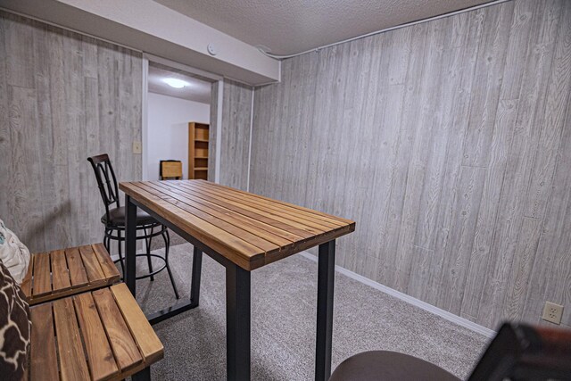 123 3rd St, Bluffton, MN 56518 - dining space featuring a textured ceiling, carpet, and wood walls