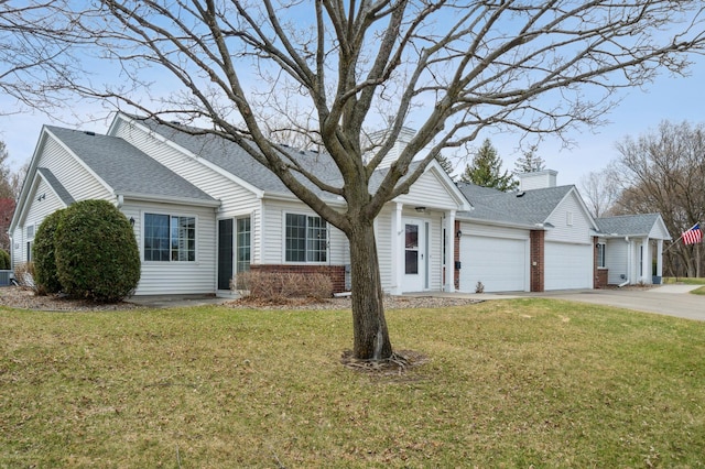2786 87th St E Unit 18, Inver Grove Heights, MN 55076 - ranch-style house with a garage, concrete driveway, brick siding, a front lawn, and roof with shingles