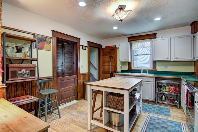 kitchen with a sink, butcher block countertops, a wainscoted wall, a textured ceiling, and light wood-type flooring
