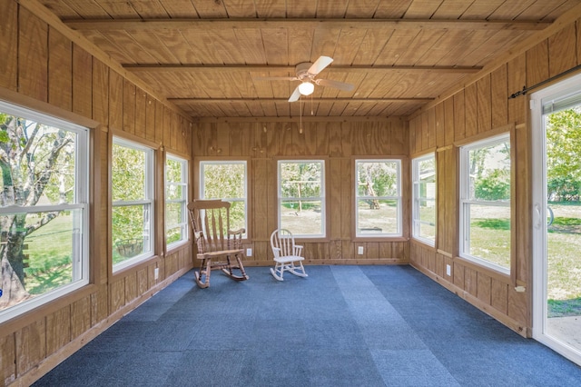 11799 191st Ave NW, Elk River, MN 55330 - unfurnished sunroom featuring wood ceiling, wooden walls, plenty of natural light, and carpet floors