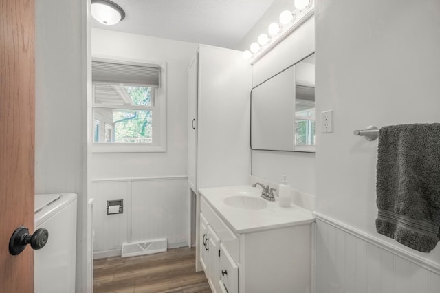 11799 191st Ave NW, Elk River, MN 55330 - bathroom with washer / dryer, wainscoting, wood finished floors, vanity, and a decorative wall
