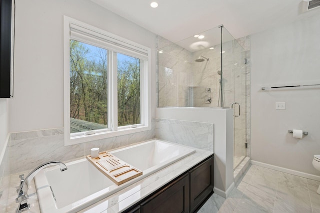 bathroom with visible vents, a garden tub, marble finish floor, toilet, and a shower stall