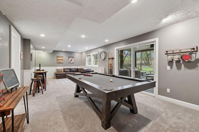 game room with recessed lighting, billiards, a textured ceiling, and light carpet
