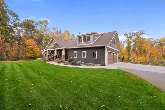 11857 Maplewood Dr, East Gull Lake, MN 56401 - view of front of home featuring driveway, a garage, covered porch, a front lawn, and a chimney