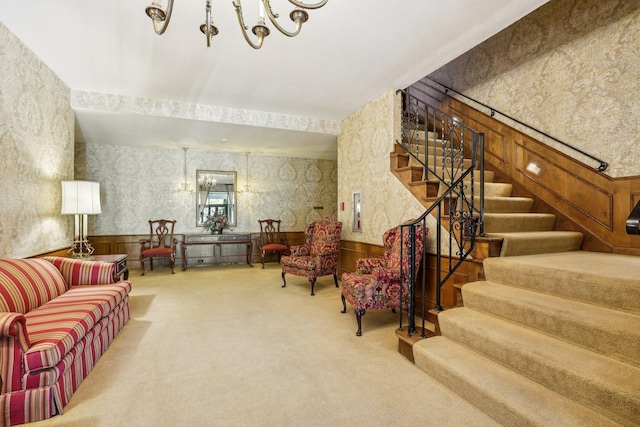 8621 Basswood Rd Unit 32, Eden Prairie, MN 55344 - interior space with an inviting chandelier, carpet, a wainscoted wall, stairway, and wallpapered walls