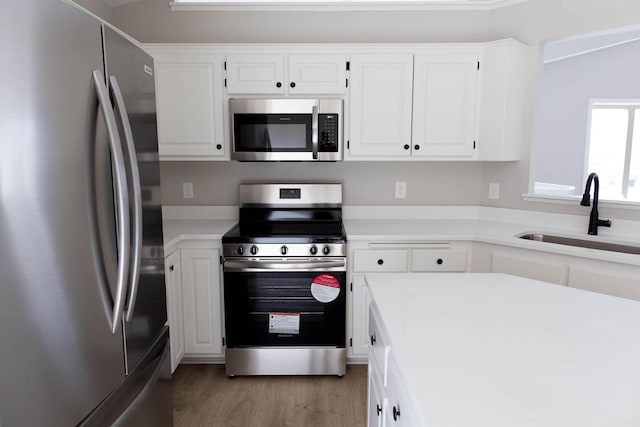kitchen with light countertops, a sink, white cabinetry, and stainless steel appliances