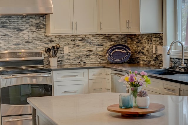 kitchen with exhaust hood, appliances with stainless steel finishes, tasteful backsplash, a sink, and white cabinetry