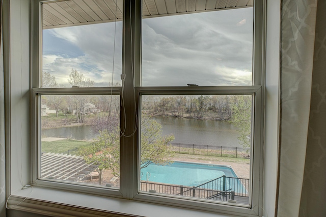 interior details with a water view