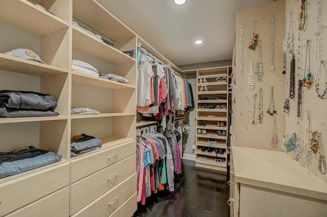 spacious closet with dark wood-type flooring