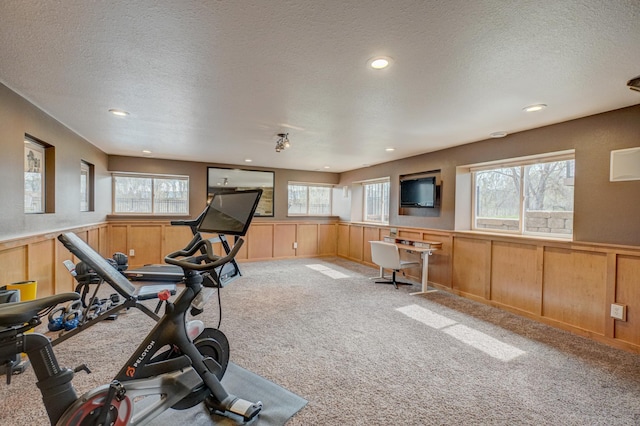 exercise room with recessed lighting, a textured ceiling, a wainscoted wall, and light carpet
