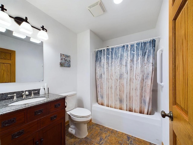 full bath with vanity, toilet, shower / bathtub combination with curtain, visible vents, and stone finish floor