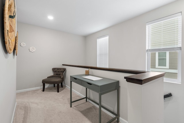 office space featuring baseboards, recessed lighting, and carpet