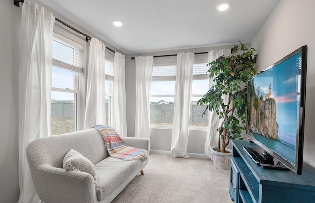 sitting room featuring recessed lighting, baseboards, and carpet floors