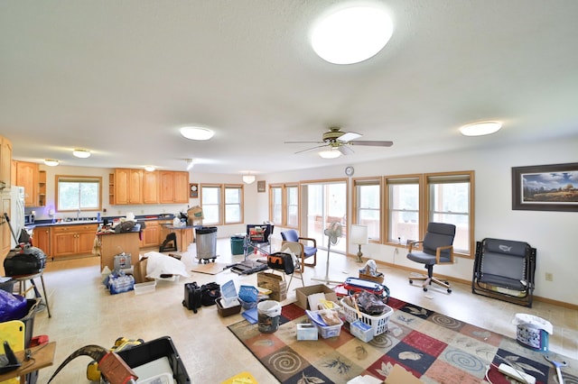 21682 Rebel Rd, Center Twp, MN 56465 - living area with a ceiling fan and baseboards