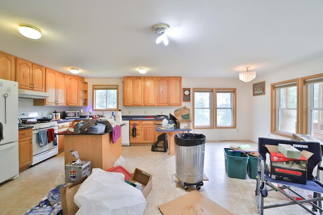 21682 Rebel Rd, Center Twp, MN 56465 - kitchen featuring white appliances, a kitchen island, dark countertops, under cabinet range hood, and open shelves