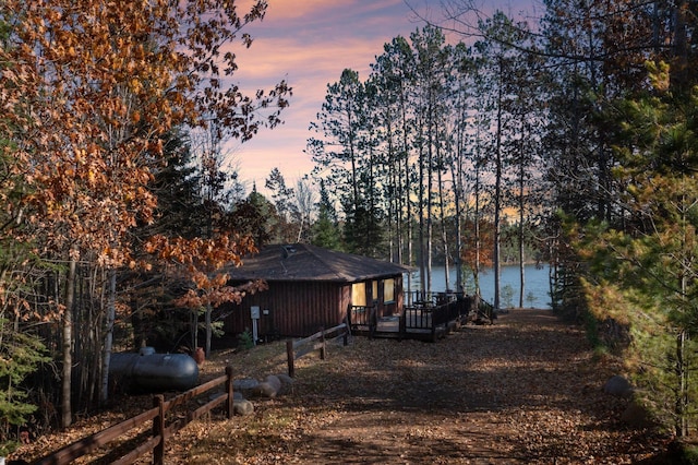 exterior space featuring a water view