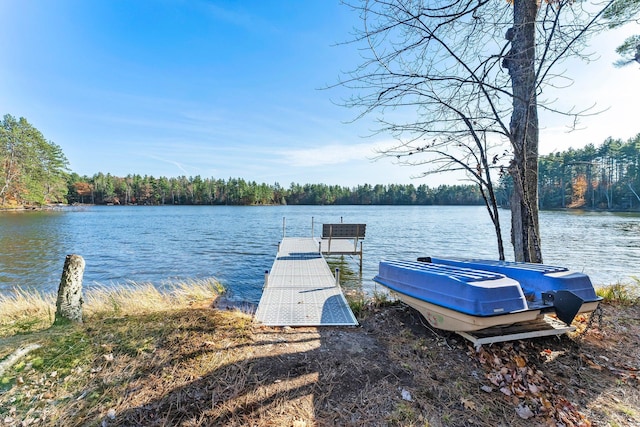view of dock with a water view and a forest view